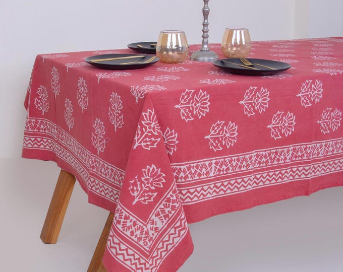 Rose Pink Floral Hand Block Print Cotton Tablecloth, Boho Farmhouse Dining Cover