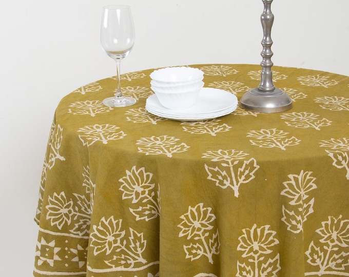 Olive Mustard Round Tablecloth, Hand Block Printed Cotton Table Cover, Floral Boho Farmhouse Dining Linen, Indian Round Tablecloth - Gifts