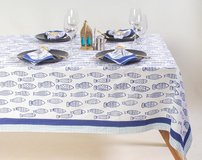 Hand Block Printed Cotton Tablecloth – Blue Fish Print, Boho Farmhouse Dining Decor