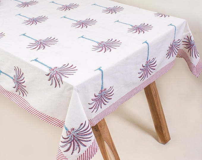 Hand Block Print Cotton Tablecloth, Pink Palm Motif, Boho Farmhouse Dining Decor