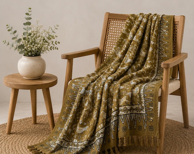 Olive Green Block Printed Cotton Throw Blanket – Bird Pattern, Boho Home Decor