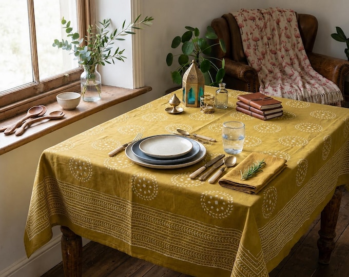 Olive Mustard Block Print Tablecloth, Indian Cotton Rectangle Tablecloth and Flamingo Throw 50x70 Inches - Father's Gifts