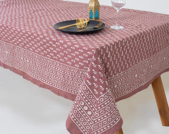 Hand Block Print Tablecloth: Dusty Rose Floral Cotton Boho Farmhouse Dining Cover