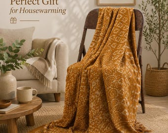 Hand Block Print Cotton Throw – Geometric Mustard Yellow Boho Sofa Blanket