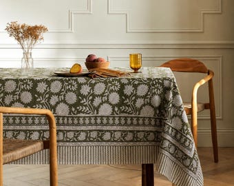 Hand Block Print Cotton Tablecloth, Floral Green Boho Dining Linen (60x90)
