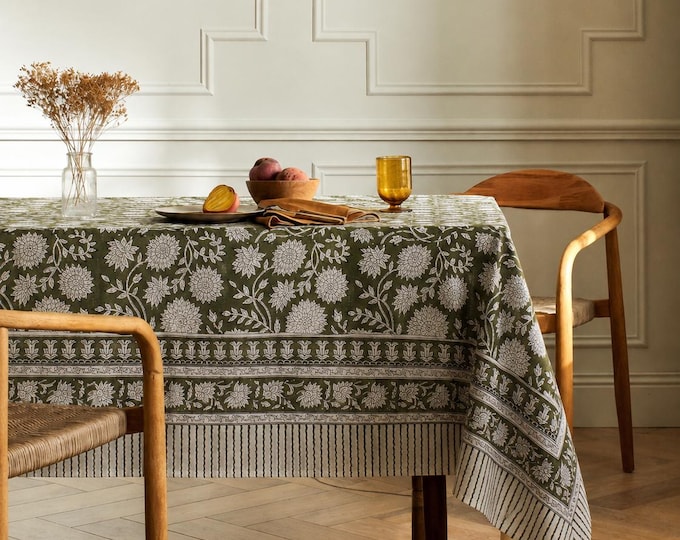 Hand Block Print Cotton Tablecloth, Floral Green Boho Dining Linen (60x90)