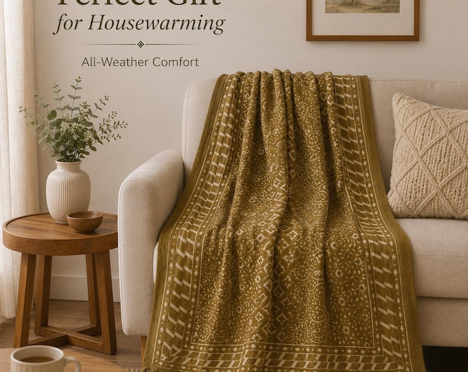 Hand Block Print Throw Blanket: Olive Green Geometric Organic Cotton Sofa Throw