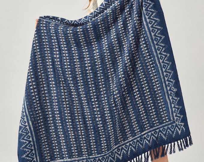 Indigo Blue Block Print Cotton Throw Blanket, Tribal Geometric Fringe 50x70