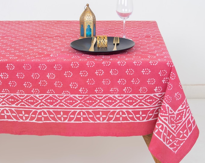 Hand Block Print Cotton Tablecloth, Rose Pink Floral Boho Dining Decor