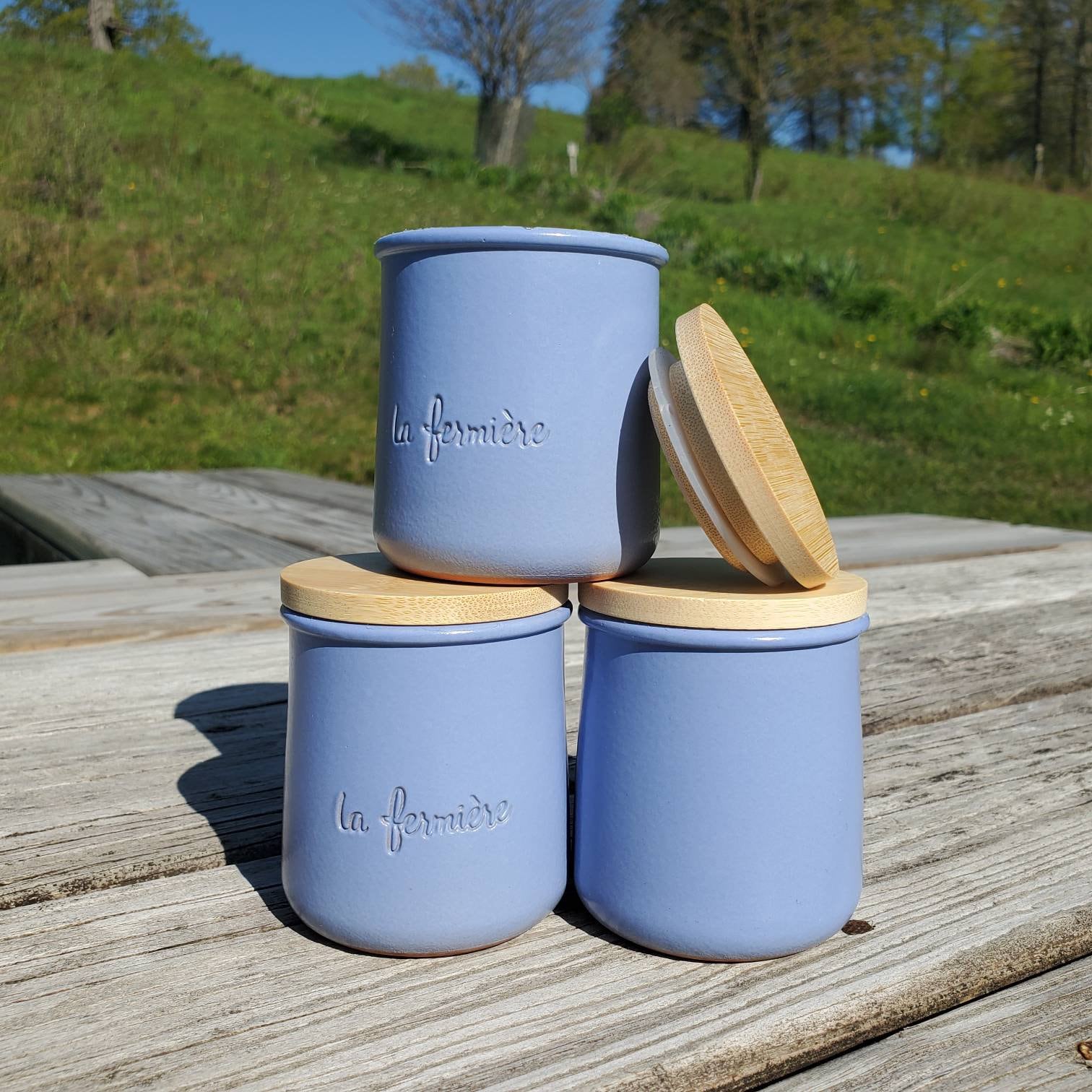 Periwinkle La Fermiere recycled yogurt jars with Lids!! Set of