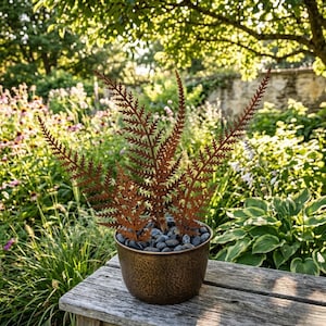 May include: A decorative metal fern sculpture in a hammered bronze pot filled with dark gray stones. The fern has a rusty brown color and is placed on a weathered wooden surface, with a lush garden background.