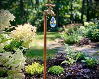 Copper Garden Spigot Sculpture – Crystal Droplet Yard Art, Metal Outdoor Decor
