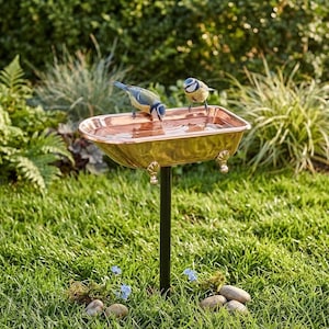 May include: A copper-colored bird bath with a bathtub design, supported by a black metal stand. Two small blue and yellow birds are perched on the edge, drinking water. The bird bath is set in a grassy garden.