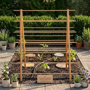 May include: A wooden garden trellis system with horizontal bars, ideal for climbing plants. The trellis is set in a garden bed with young plants, surrounded by potted plants and a sign that reads "THE APEX GARDEN TRELLIS SYSTEM Handcrafted Cedar & Bamboo."