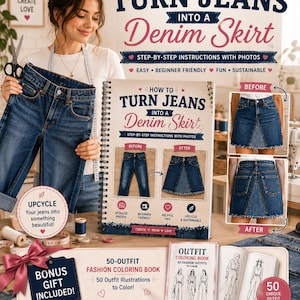 May include: A spiral-bound instructional guide titled How to Turn Jeans into a Denim Skirt, featuring step-by-step photos, before and after images of denim transformations, and a bonus 50-outfit fashion coloring book with illustrations to color.