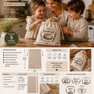 May include: A sewing pattern for a sourdough bread bag, featuring a beige drawstring pouch with a printed loaf illustration and the text Fresh Sourdough Daily. The document includes step-by-step instructions, material lists, and 5 bonus PNG designs.