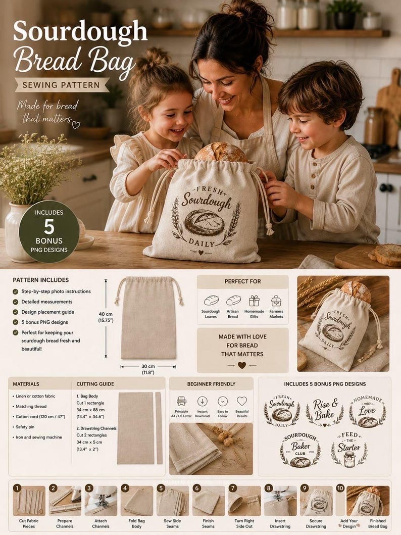 May include: A sewing pattern for a sourdough bread bag, featuring a beige drawstring pouch with a printed loaf illustration and the text Fresh Sourdough Daily. The document includes step-by-step instructions, material lists, and 5 bonus PNG designs.