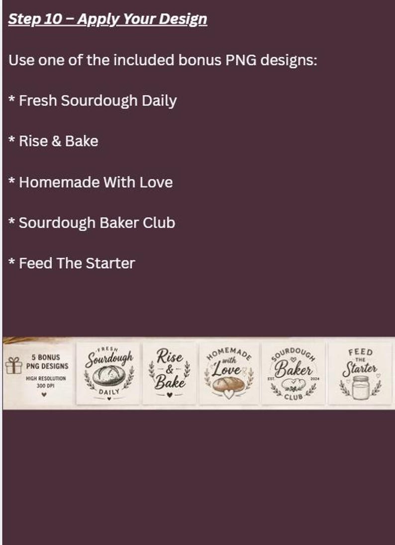 May include: A digital graphic display featuring five distinct sourdough-themed PNG designs. The text includes: Fresh Sourdough Daily, Rise & Bake, Homemade With Love, Sourdough Baker Club, and Feed The Starter. Each design is presented in a square format.