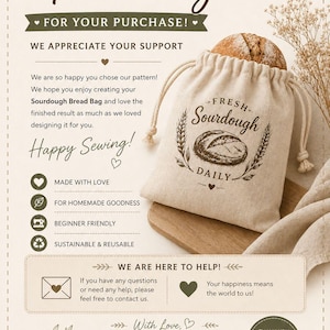 May include: A beige drawstring fabric bag featuring a printed graphic of a loaf of sourdough bread with the text Fresh Sourdough Daily. The bag is presented on a wooden board alongside a thank you card from Lelo Studio with sewing instructions.