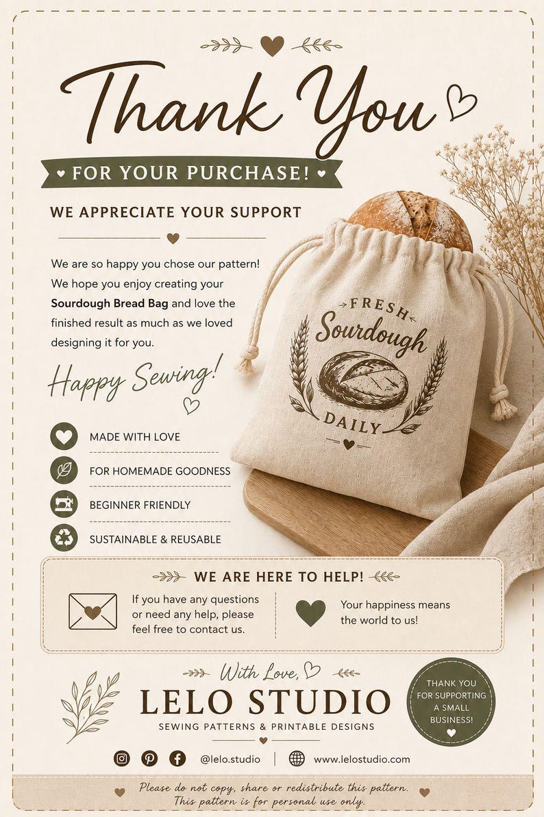 May include: A beige drawstring fabric bag featuring a printed graphic of a loaf of sourdough bread with the text Fresh Sourdough Daily. The bag is presented on a wooden board alongside a thank you card from Lelo Studio with sewing instructions.