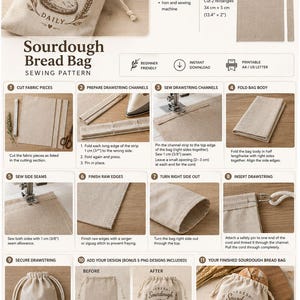May include: A sewing pattern for a sourdough bread bag, featuring a beige linen drawstring pouch with a printed bread graphic. The instructional guide includes eleven numbered steps, a materials list, and cutting dimensions in inches and centimeters.