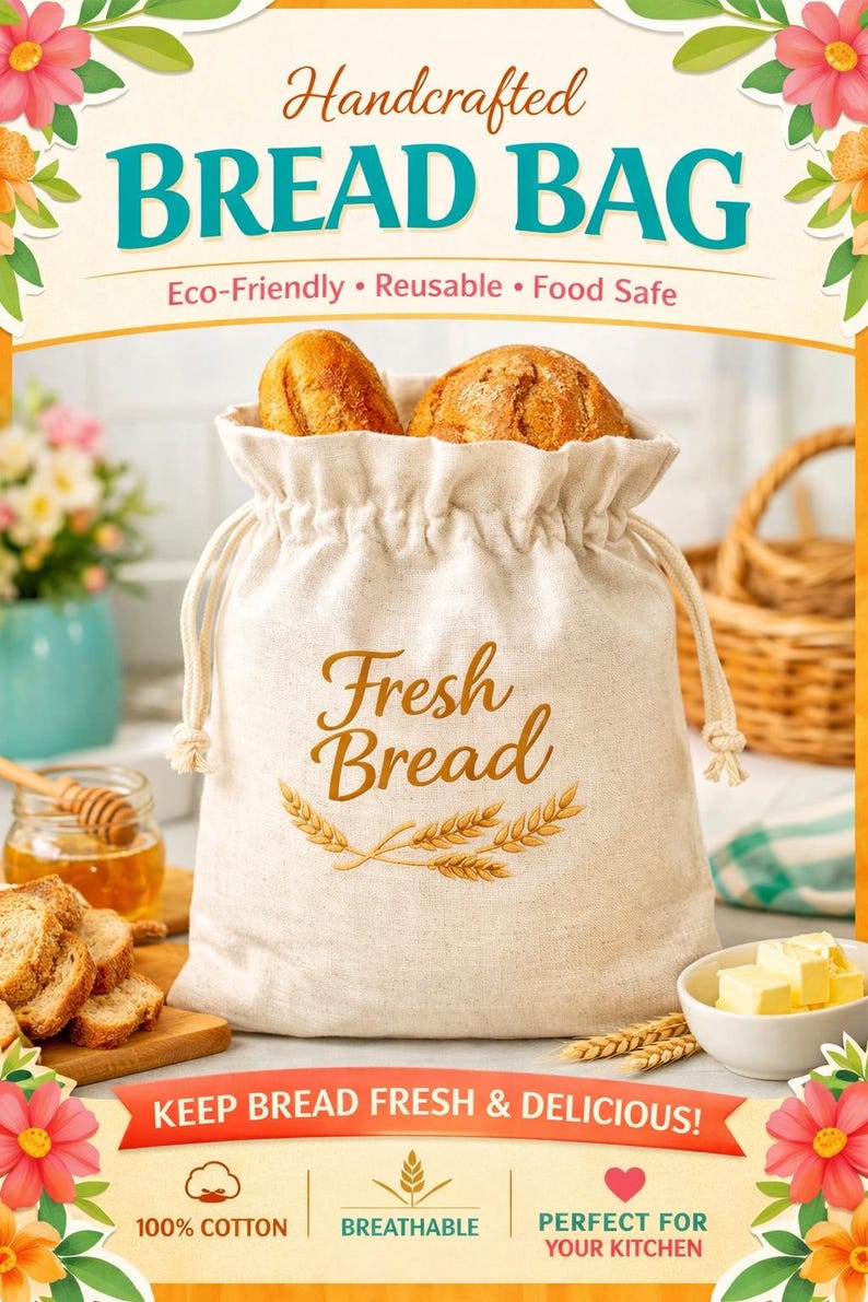 May include: A beige bread bag with a drawstring closure, filled with two golden-brown loaves of bread. The bag has the words "Fresh Bread" and wheat stalks printed on it. The top banner reads "Handcrafted BREAD BAG".