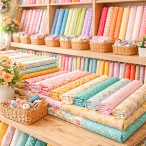 May include: A fabric store display featuring a wide array of colorful fabrics. Shelves and a wooden table are filled with rolls of patterned cloth in various colors, including pink, yellow, blue, and green. Wicker baskets hold additional fabric and sewing supplies.