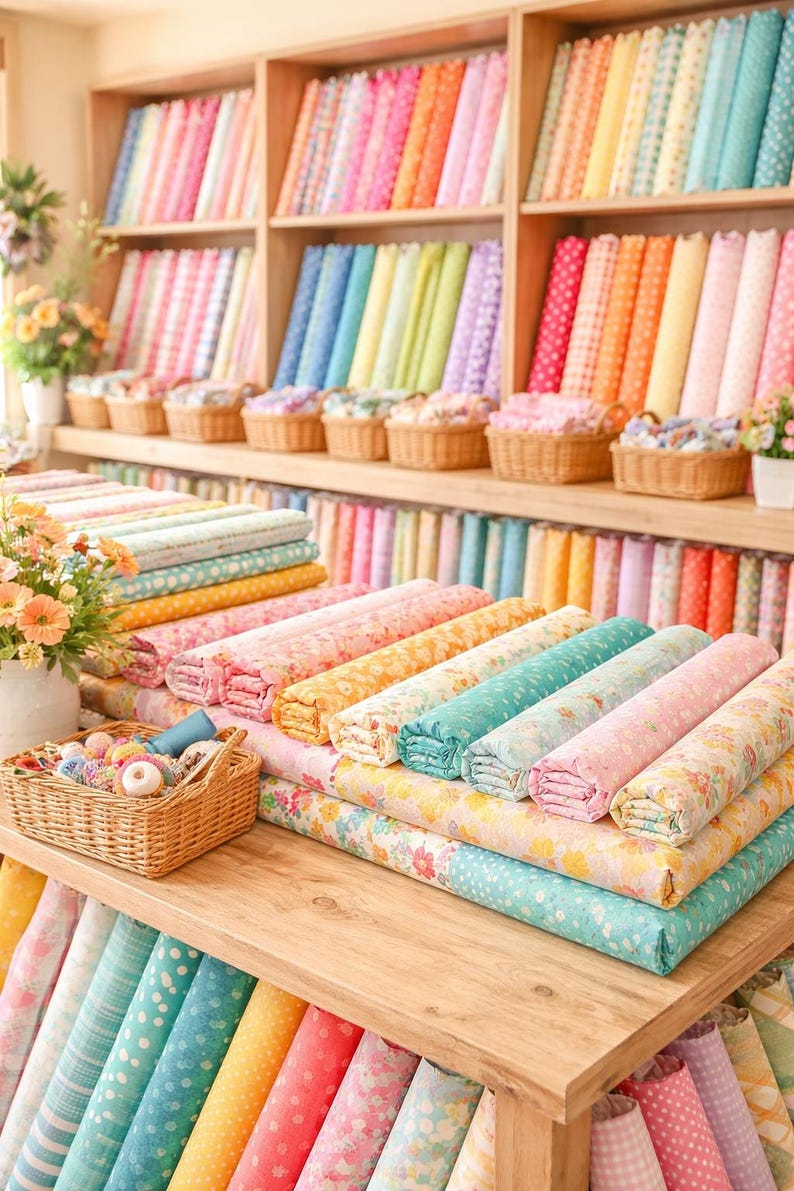 May include: A fabric store display featuring a wide array of colorful fabrics. Shelves and a wooden table are filled with rolls of patterned cloth in various colors, including pink, yellow, blue, and green. Wicker baskets hold additional fabric and sewing supplies.