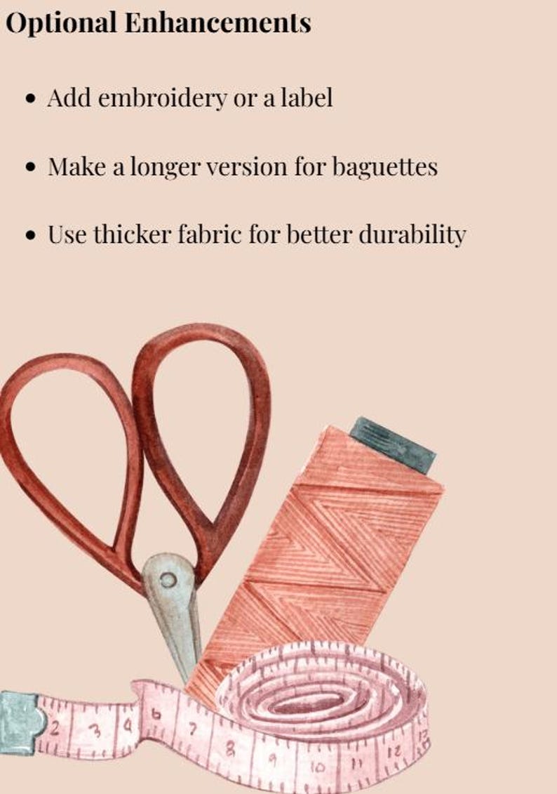 May include: Watercolor illustration of sewing tools including scissors, a measuring tape, and a spool of thread. The measuring tape shows inches. The image also includes text that says "Optional Enhancements".