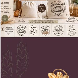 May include: A sewing pattern PDF for a sourdough bread bag, featuring a plain drawstring bag and a decorated version with the text Fresh Sourdough Daily. Includes five bonus PNG designs with phrases like Rise & Bake and Sourdough Baker Club.