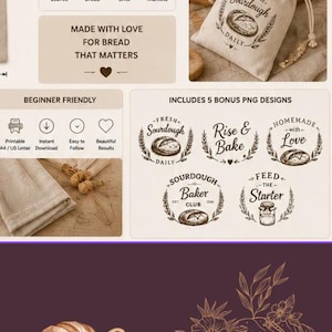 May include: A beige drawstring fabric bag featuring a printed graphic of a sourdough loaf and the text Fresh Sourdough Daily. The image includes instructional panels, five bonus PNG designs with bread-themed text, and a drawing of sliced bread.