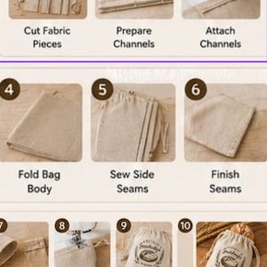 May include: A ten-step instructional guide for sewing a fabric bread bag. The steps include cutting fabric, preparing and attaching channels, folding the bag body, sewing and finishing seams, turning the bag, inserting a drawstring, and adding a design.