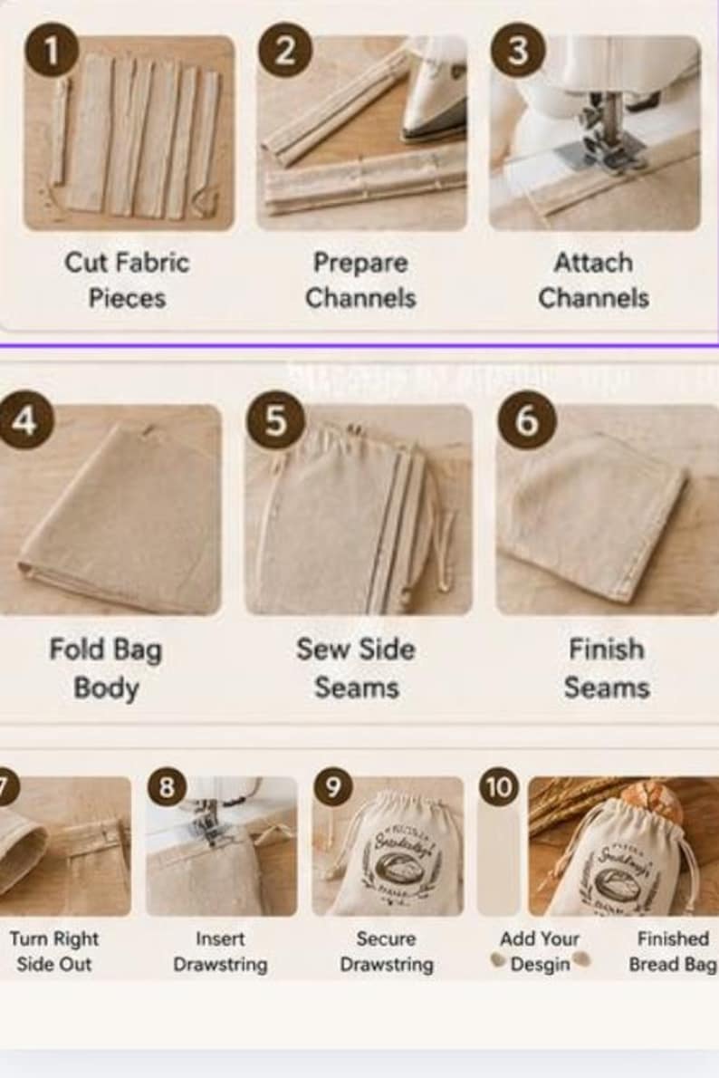 May include: A ten-step instructional guide for sewing a fabric bread bag. The steps include cutting fabric, preparing and attaching channels, folding the bag body, sewing and finishing seams, turning the bag, inserting a drawstring, and adding a design.