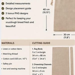 May include: A digital sewing pattern for a beige drawstring bread bag. The image displays text including Pattern Includes, Materials, and Cutting Guide, with dimensions of 15.75 inches by 11.8 inches for the bag and various fabric cut sizes.