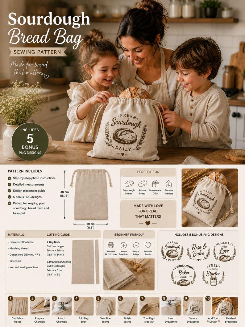 May include: A sewing pattern for a sourdough bread bag, featuring a beige drawstring pouch with a printed loaf illustration and the text Fresh Sourdough Daily. The document includes step-by-step instructions, material lists, and five bonus PNG designs.