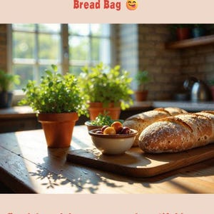 May include: A rustic kitchen scene with fresh bread on a wooden cutting board, a bowl of fruit, and potted plants. The image includes the text: "Here's a clear step-by-step guide to make your breathable, food-safe, washable Bread Bag." and "Fresh bread deserves your beautiful home."