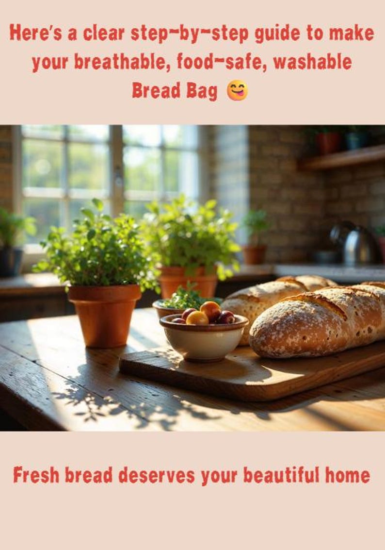 May include: A rustic kitchen scene with fresh bread on a wooden cutting board, a bowl of fruit, and potted plants. The image includes the text: "Here's a clear step-by-step guide to make your breathable, food-safe, washable Bread Bag." and "Fresh bread deserves your beautiful home."
