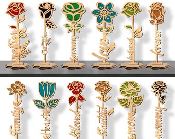 Soporte de madera con nombre para flores: flores de dos capas cortadas con láser, soporte personalizado para flores, rosa cortada con láser SVG, Glowforge Cricut CNC, regalos
