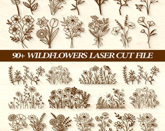 Paquete de flores silvestres SVG DXF, archivos de corte láser para Glowforge y Cricut, ramo floral SVG DXF, flores botánicas, flores de madera para corte láser, regalo para mamá