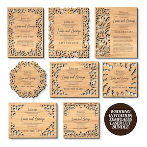 Puede incluir: Un conjunto de plantillas de invitaciones de boda de madera cortadas con láser. Los diseños presentan intrincados patrones florales y geométricos, con el texto "Join us" y "Louise and Gerorge". El paquete incluye varias formas y tamaños.