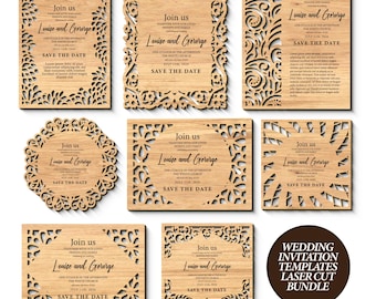 Archivos SVG para invitaciones de boda cortadas con láser, archivo de corte para invitaciones de madera, juego de 8 plantillas de tarjetas, planos de Glowforge Wood, cartulina Cricut