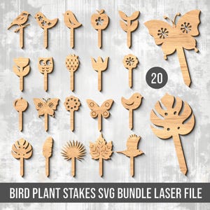 Vogel plant staken bundel SVG, bloemen hout vogel topper pot decor, vlinder en bloempot, Glowforge, lasergesneden bestand, decor van het huis