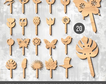 Bird Plant Stakes Bundle Svg, Floral Wood Bird Topper Pot Decor, Butterfly and Flower Pot, Glowforge, Laser Cut File, Home Decor