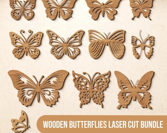 Paquete de mariposas de madera cortadas con láser, SVG de mariposa, decoración de pared de mariposas, arte mural de madera CNC, Glowforge, Cricut, descarga digital