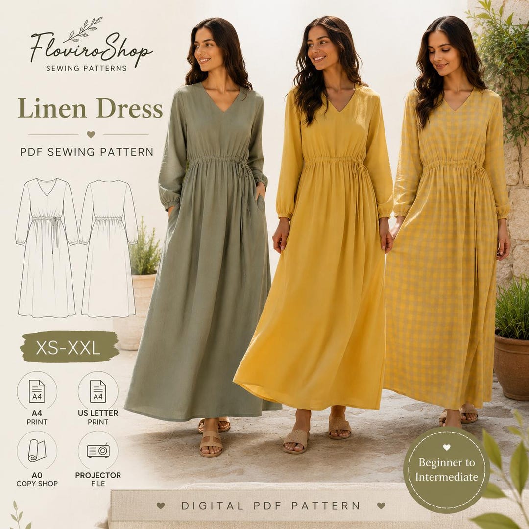 Maxi Linen Dress PDF Sewing Pattern | V-neck, Long Sleeve, Pockets (XS ...