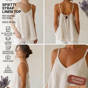 Op de afbeelding: Een beige linnen top met dunne spaghettibandjes en een V-hals. De achterkant heeft een striksluiting. Dit is een PDF-naaipatroon genaamd Spietti Strap Linen Top, beschikbaar in de maten XS-XXL, inclusief A4, US Letter en A0-bestanden.