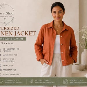 May include: An oversized rust-colored linen jacket with a collar, long sleeves, and four front buttons. The text reads: FloviroShop, Oversized Linen Jacket, PDF Sewing Pattern, Sizes XS-XL, A4, US Letter, A0 PDF files, Layered PDF file, Step-by-step instructions, Photo guide, Projector file, Instant download.
