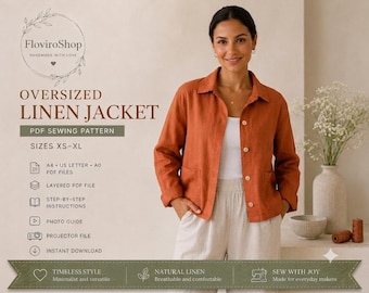 PDF Sewing Pattern - Oversized Linen Jacket  (Shirt Includes A4, A0, Layered & Projector Files)