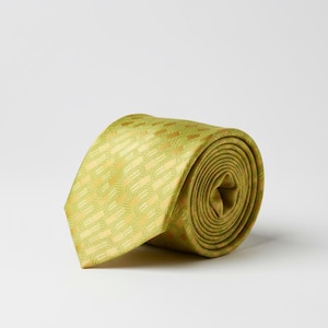 Può includere: Cravatta arrotolata nelle tonalità del giallo e del verde. La cravatta presenta un motivo geometrico ripetuto. Il tessuto ha una leggera lucentezza e la cravatta è arrotolata, mettendo in risalto la sua consistenza e il suo design. Lo sfondo è bianco.