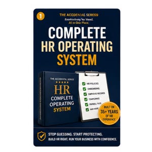 May include: A dark blue promotional graphic titled COMPLETE HR OPERATING SYSTEM. It features a book with the same title, a clipboard with a checklist of HR tasks, and a gold circular badge stating BUILT ON 35+ YEARS OF HR EXPERIENCE.